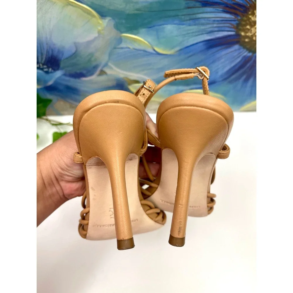 Loeffler Randall Mareka Leather Strappy Slingback Stiletto Heels in Dune Size 8